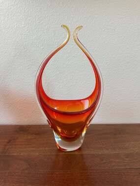 Murano Art Glass Red and Orange Sommerso Pulled Handle Basket Vase